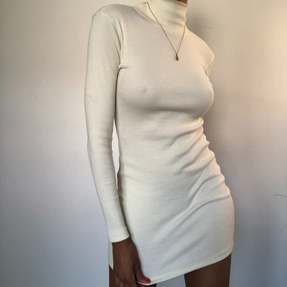 Cream Rib Roll Neck Bodycon Dress